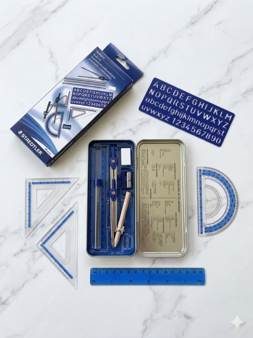 Staedtler 10 Piece Math Set Geometry Drafting Kit School Supplies New Tin Case